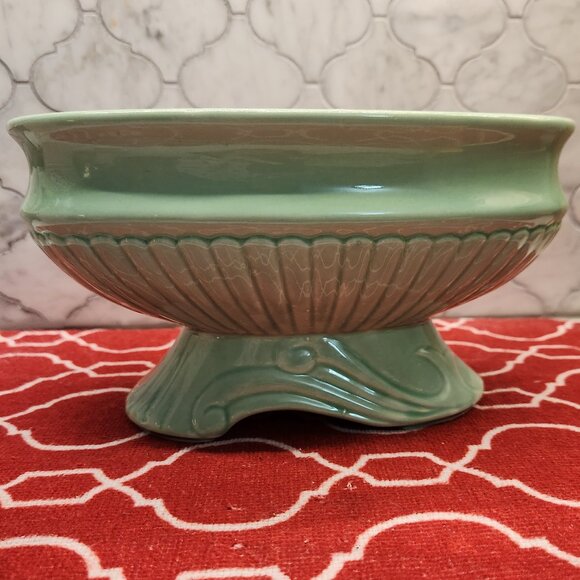 Green Ceramic Glazed Footed Planter Fruit Bowl MCM 1960s Oval Swirled Base Large - Picture 1 of 10